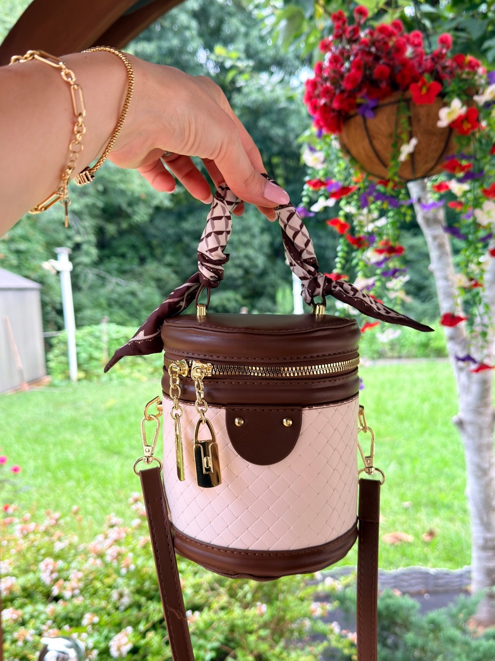 Brown & Cream Woven Cylinder Crossbody with Top Handle